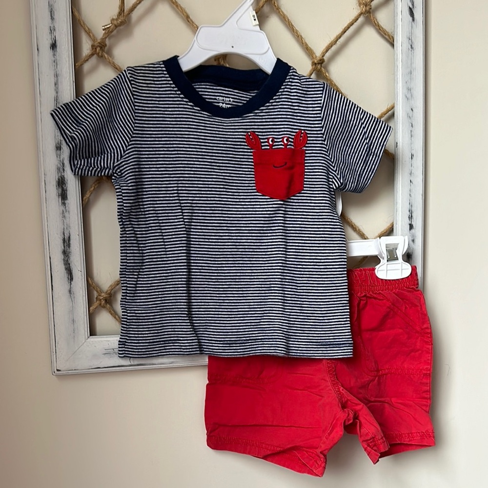 Baby boy Striped T-Shirt and Red Shorts Set size 24 months